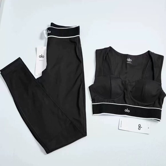 Authentic Alo Yoga Set Airlift Alignment Bra And High-Waist Legging Black/White - Picture 5 of 5